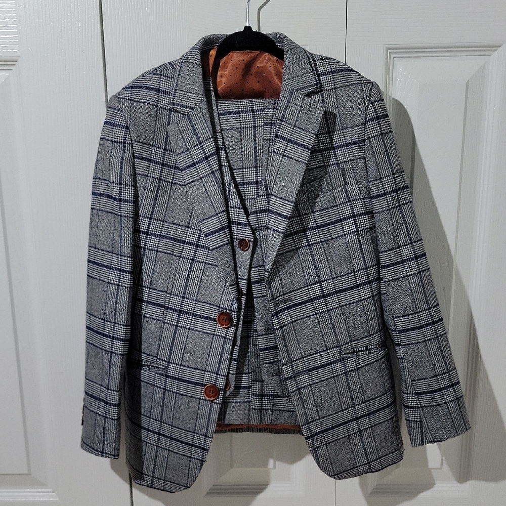 Romano Boys grey and blue plaid suit